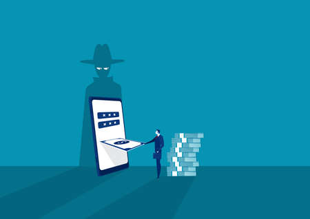 businessman looking on laptop smartphone with shadow mask stealing passwords and login phone...