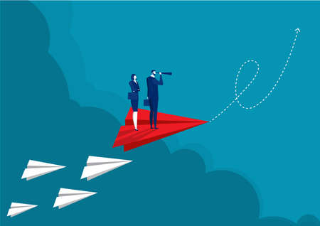 businessman holding binocular and paper plane white flying on sky between cloud. to the target...