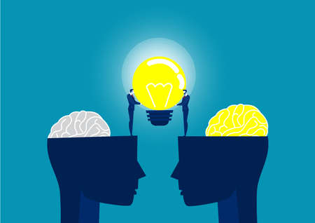 Business man in a suit holding a light bulb on top head human share idea concept vectorのイラスト素材