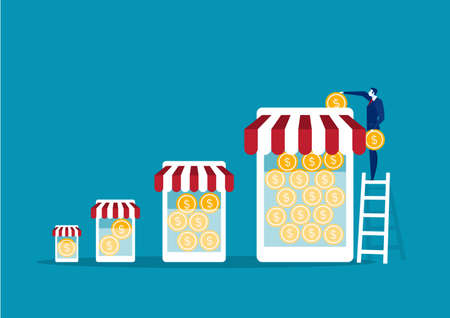 Businessman take coin for save money franchise business. Increasing and growth business flat concept illustration.のイラスト素材