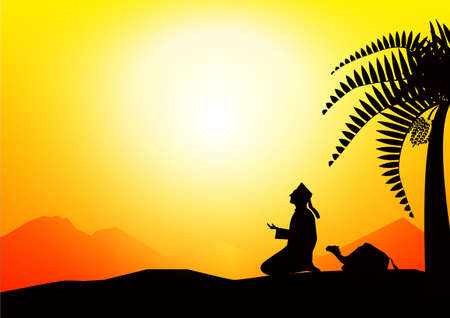 Muslim man praying during sunset background,vectorのイラスト素材