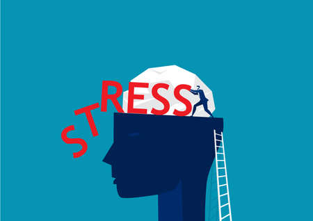 businessman pushing stress word on big head human thinking concept vector illustrationのイラスト素材