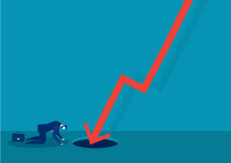 Sad businessman  with falling down red arrow graph financial crisisのイラスト素材