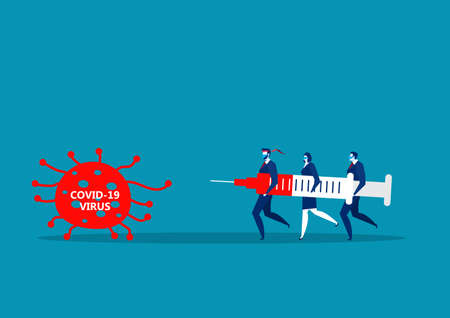Team Business men hold big injections to fight covid 19 coronavirus illustrator vector.のイラスト素材