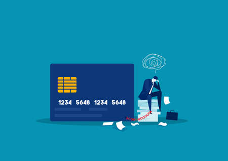 businessman stress debt  with foot chained to bank credit card trying to escape. vector illustration のイラスト素材