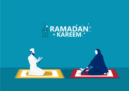 Ramadan Kareem, man  prays and reading al quran illustratorのイラスト素材