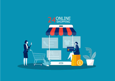 Woman buy things in the online store. Shopping online on mobile phone. Vector のイラスト素材