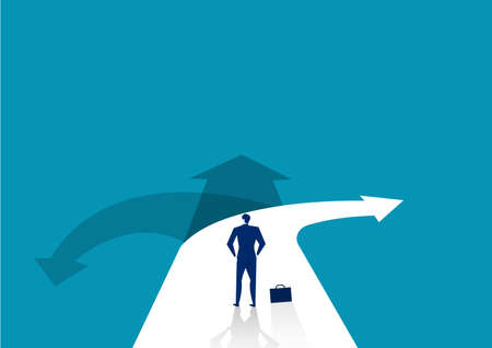businessman standing in front of a crossroad with road split in three different ways as arrows.のイラスト素材