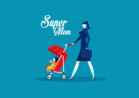 Mother with Baby Carriage ,mother day super mom concept vector.のイラスト素材