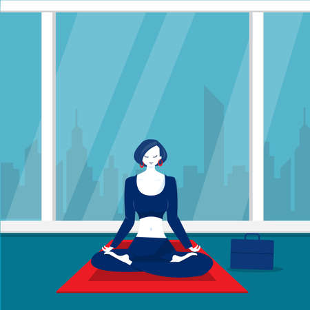 lady office  happy meditation and yoga with stress and anxiety illustrator.のイラスト素材