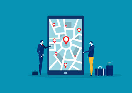 Businessman searchig for location on  mobile phone map.vector illustratorのイラスト素材