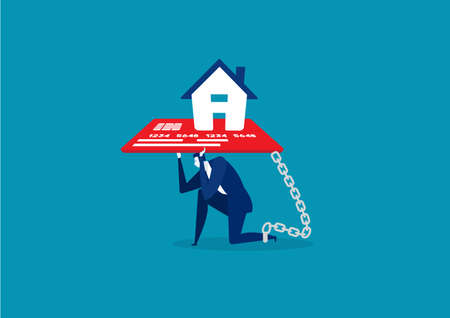 businessman with foot chained to home credit card debt concept vectorのイラスト素材