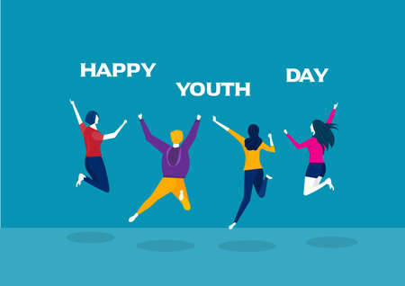 Jumping  happy people team. Vector characters illustration. Young dayのイラスト素材