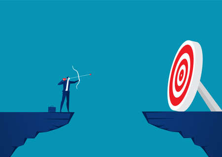 Businessman top mountain with bow and arrow look at targets. vector illustration.のイラスト素材