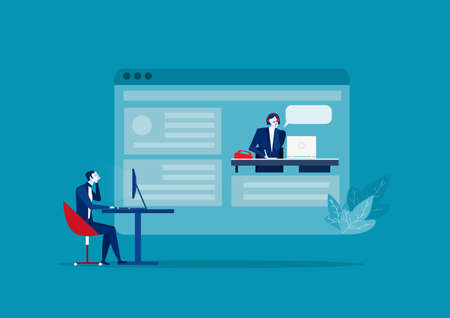 Girl In Headset Microphone Help Man Customer Vector Illustration. Female Assistant Tech Support. Call Center Workのイラスト素材