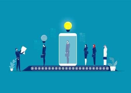 male HR Manager screen and interview Candidate over Huge Digital Tablet Screen. Long Job Seekers Queue. Hiring Process. Vector Illustrationのイラスト素材