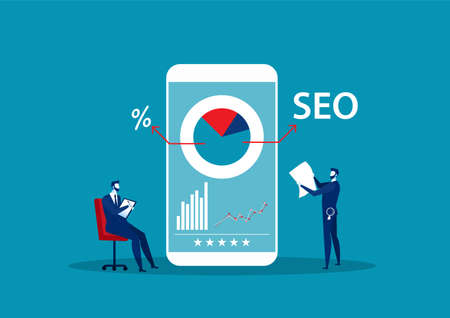 Man record and report with  magnifier . Concept of SEO or search engine optimization, online marketing strategy.  vector illustration.のイラスト素材