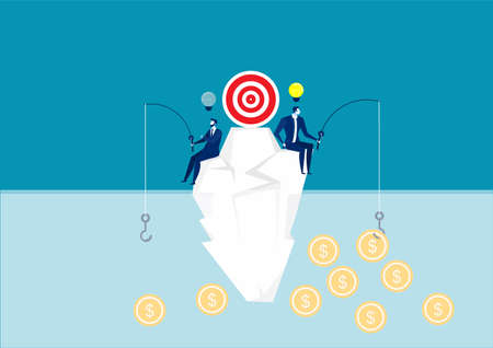 Two businessmen trying to catch a dollar symbol on mountain, different achievements and chance, luck,  Vector illustrationのイラスト素材
