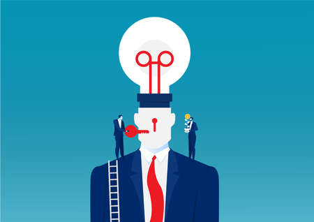 Business man in a suit holding a light bulb on top head human chang idea conceptのイラスト素材
