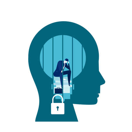 business man sad is sitting and crying in a screaming head prison fixed mindset concept vectorのイラスト素材