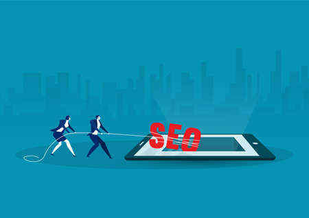 two businessmen pulling rope tied to a big seo word on tablet reserch concept . Flat vector...