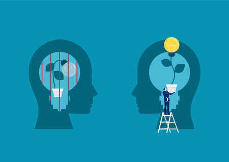 businessman holding light bulb for put think growth mindset different fixed mindset concept vectorのイラスト素材