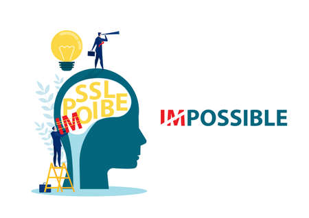 businessman change impossible to possible text on human head,  Business, success, challenge, motivation, achievement and possible concept.のイラスト素材