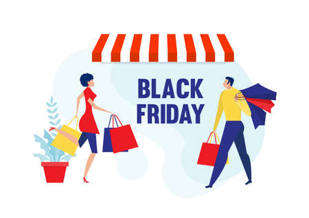 woman and man shopping Summer sale discount black friday start .のイラスト素材