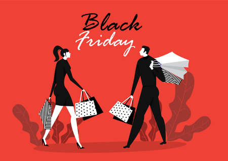 People With Shopping Bags and sale concept with a line of people with purchases on black fridayのイラスト素材