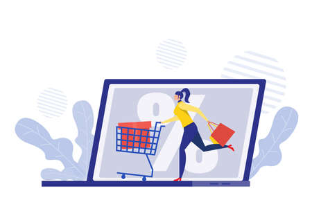 woman hurrying discount Black Friday Online with cart flat illustrator.のイラスト素材