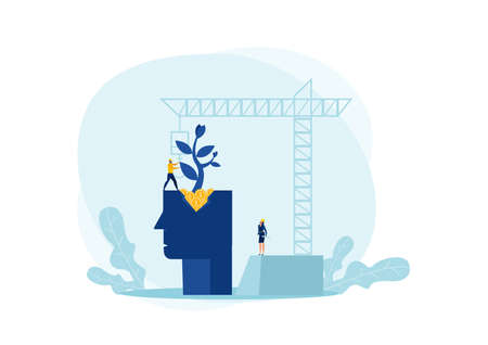 Engineer plant tree on head human with Cranes building construction background growth mindset  concept vectorのイラスト素材