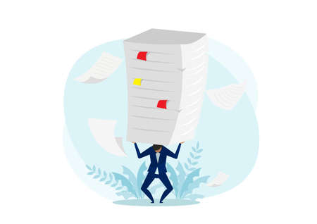 Hard work  concept,Businessman In Suit Bent Over Carrying A Stack Of Documents On His Back Vector.のイラスト素材