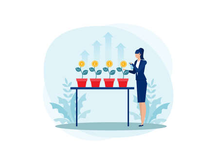 woman watering trees growing invest of the US dollar the euro and the Ukrainian hryvnia trees growing in pots topsy-dipping with watering cans. Spray.のイラスト素材