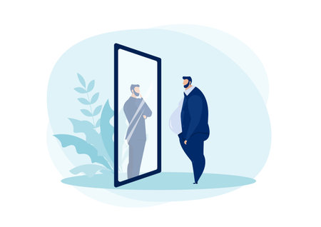 businessman looking at the mirror standing with fat belly. compare body thin vectorのイラスト素材