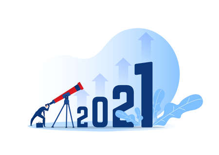 Business vision with binoculars for opportunities in spyglass on 2021 year the targetのイラスト素材