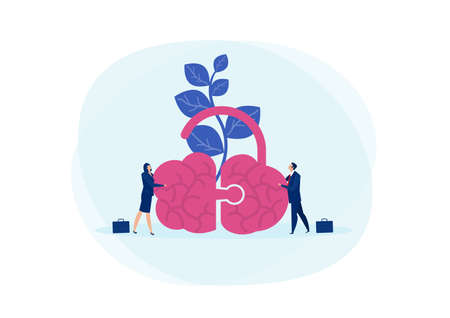 two business pushing two brain pieces into a single brain. mindset growth vector illustrationのイラスト素材