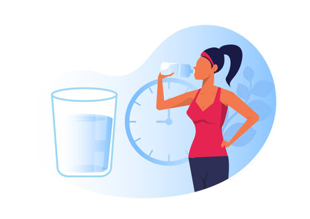 woman drinking clear water from a bottle healthy concept flag vector isolated illustrationのイラスト素材