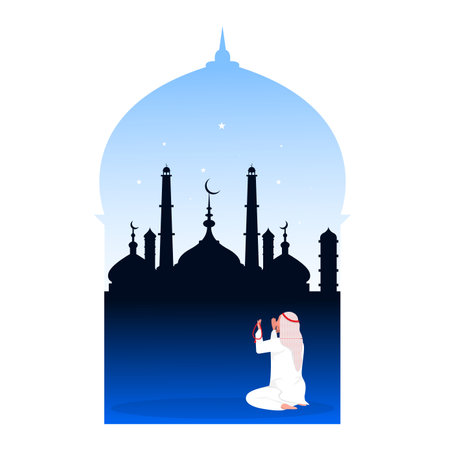 Praying muslim man vector illustration. Islamic prayer with  holding beads flat cartoon character.Mosque background vectorのイラスト素材