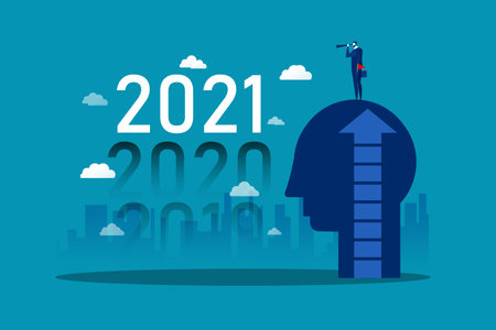 Businessman looking binoculars with candlestick chart of the stock market of 2021 years. Concept of stock investment; Flat cartoon character Vector illustrationのイラスト素材