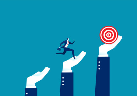 Businessman running on top of giant hands to the goal.  Vector illustration isolated.のイラスト素材
