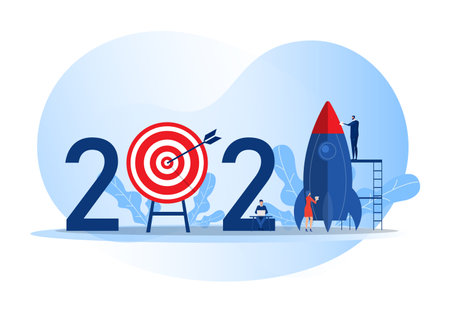 Team business prepare rocket launch start business target 2021 years concept vector illustratorのイラスト素材