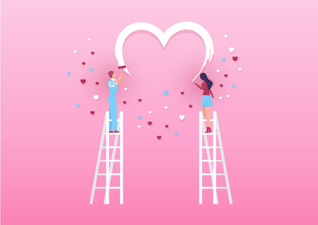Boy and girl  paint a heart on the wall with rollers. Valentines day pink background Vector.のイラスト素材