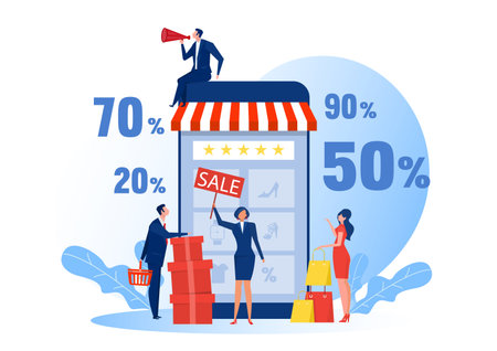 People Online shopping.E-commerce on smartphone,Modern people shoppers vector concept, Online e-commerce.のイラスト素材