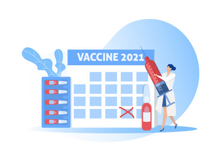 Nurse holding injection with Huge Calendar with 2021 Check Mark. Idea of Vaccine for Protection from covid-19 conceptのイラスト素材