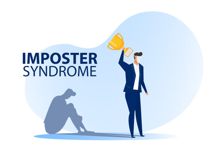 Imposter syndrome.man standing for her present profile with fear shadow behind. Anxiety and lack of self confidence at work; the person fakes is someone else conceptのイラスト素材