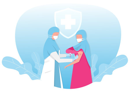 muslim nurse holds in his hand a syringe with a vaccine. Prevention, injections. Health vector. Medical site, landing pages.vectorのイラスト素材