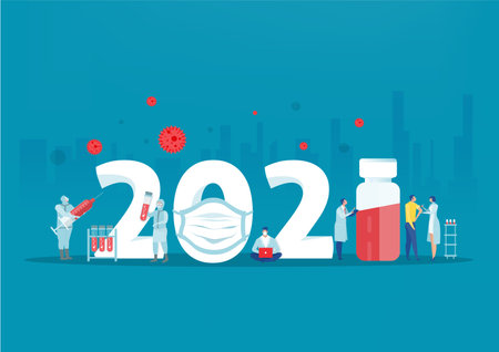 Happy New Year 2021 New normal after COVID-19 pandemic Doctor, syringe Vaccination against coronavirus Health, medicineのイラスト素材