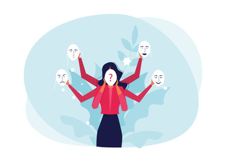 imposter syndrome, Girls trying on carnival masks with happy or sad expressions.のイラスト素材