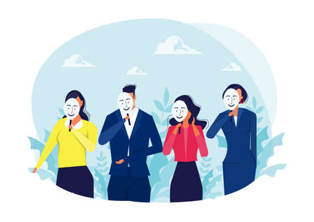 people girl and boy covering unhappy faces with holding positive masks for emotion, personality, psychology, disguise, depression concept vector illustrator&#xD;&#xA;のイラスト素材
