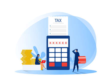 Tax financial analysis; Business People Calculating Document for Taxes Flat Vector Illustrationのイラスト素材